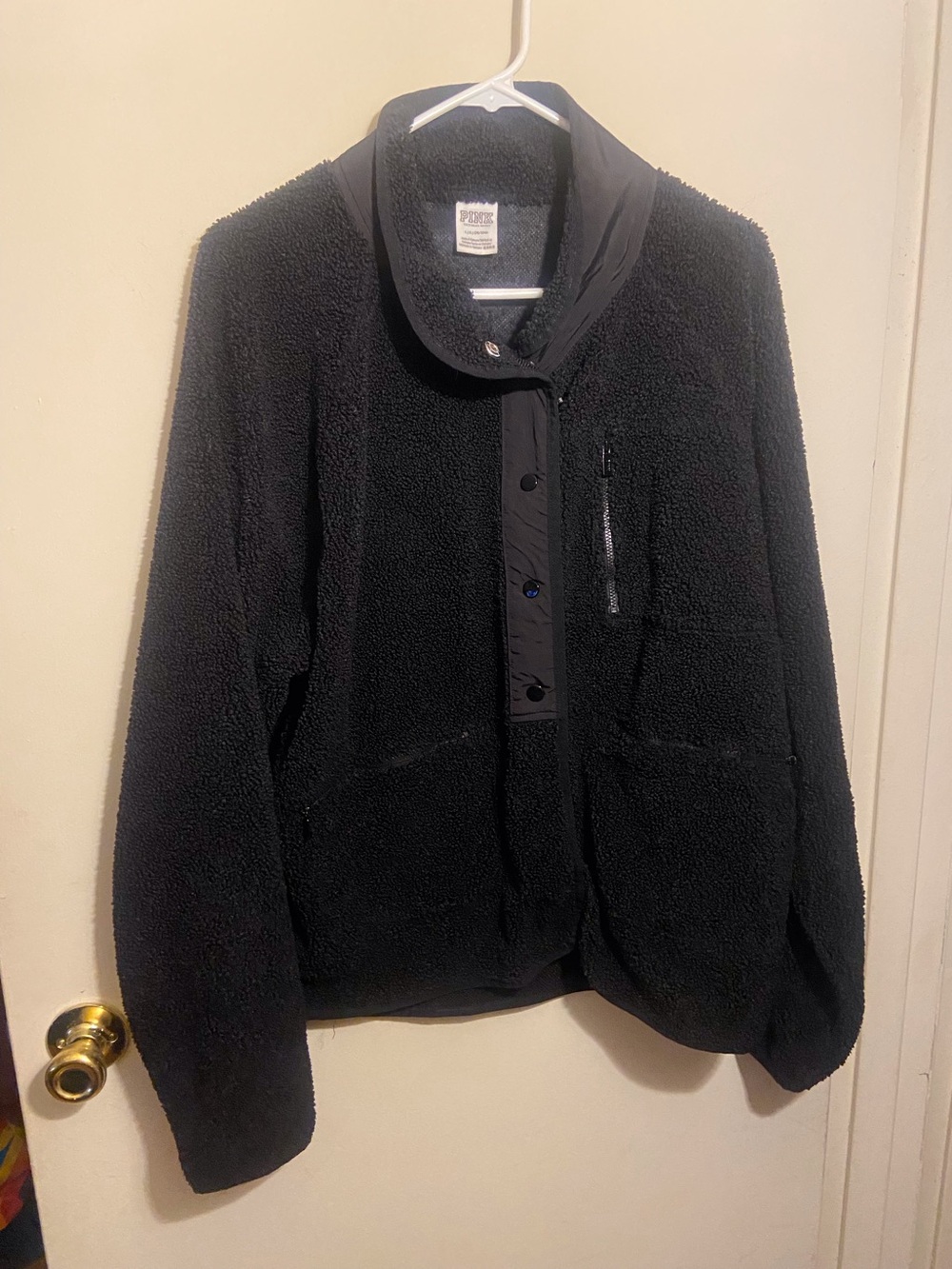Victoria’s Secret Pink Black Sherpa Fleece Pullover Size Large Oversized